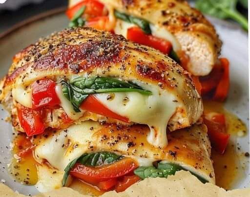 roasted red pepper, spinach, and mozzarella stuffed chicken